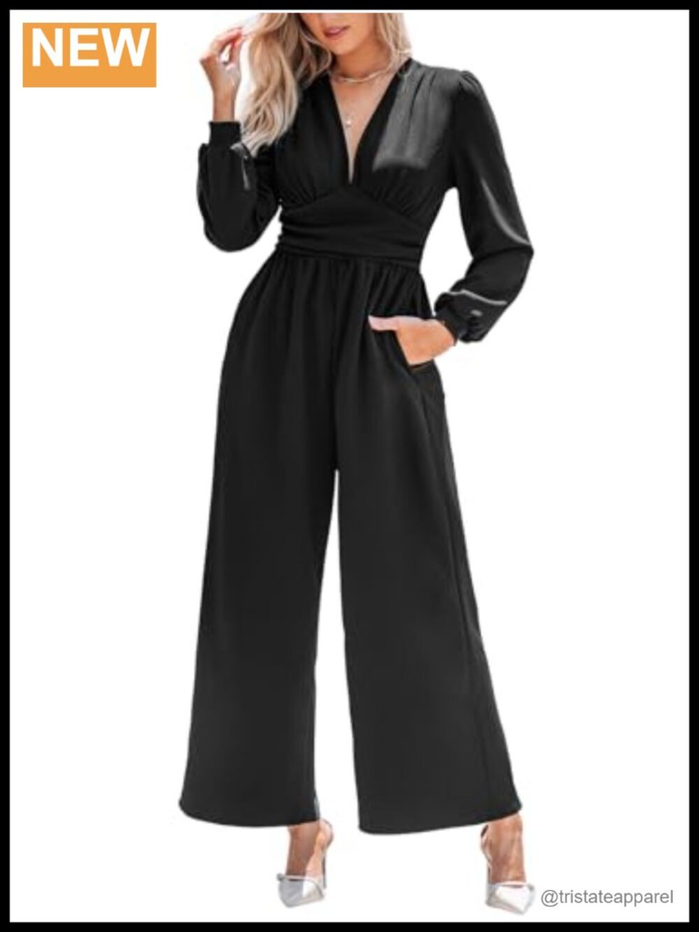 CUPSHE Women's One Piece Jumpsuit Long Sleeve V-Neck Wide Leg Pockets